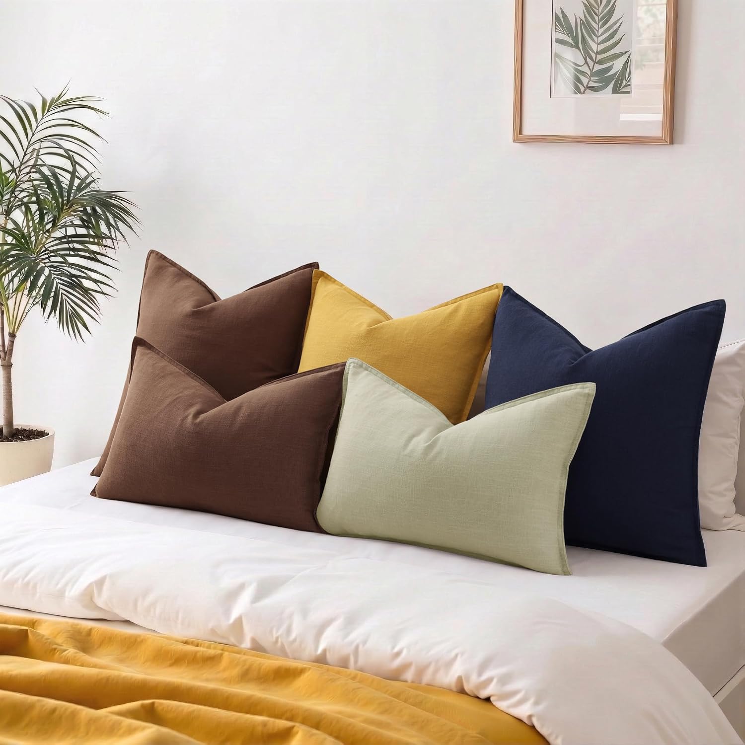 decorUhome Summer Decorative Linen Throw Pillow Covers 12x20 Inch Set of 2 Chocolate Lumbar Pillow Covers with Flange Edges Soft Farmhouse…