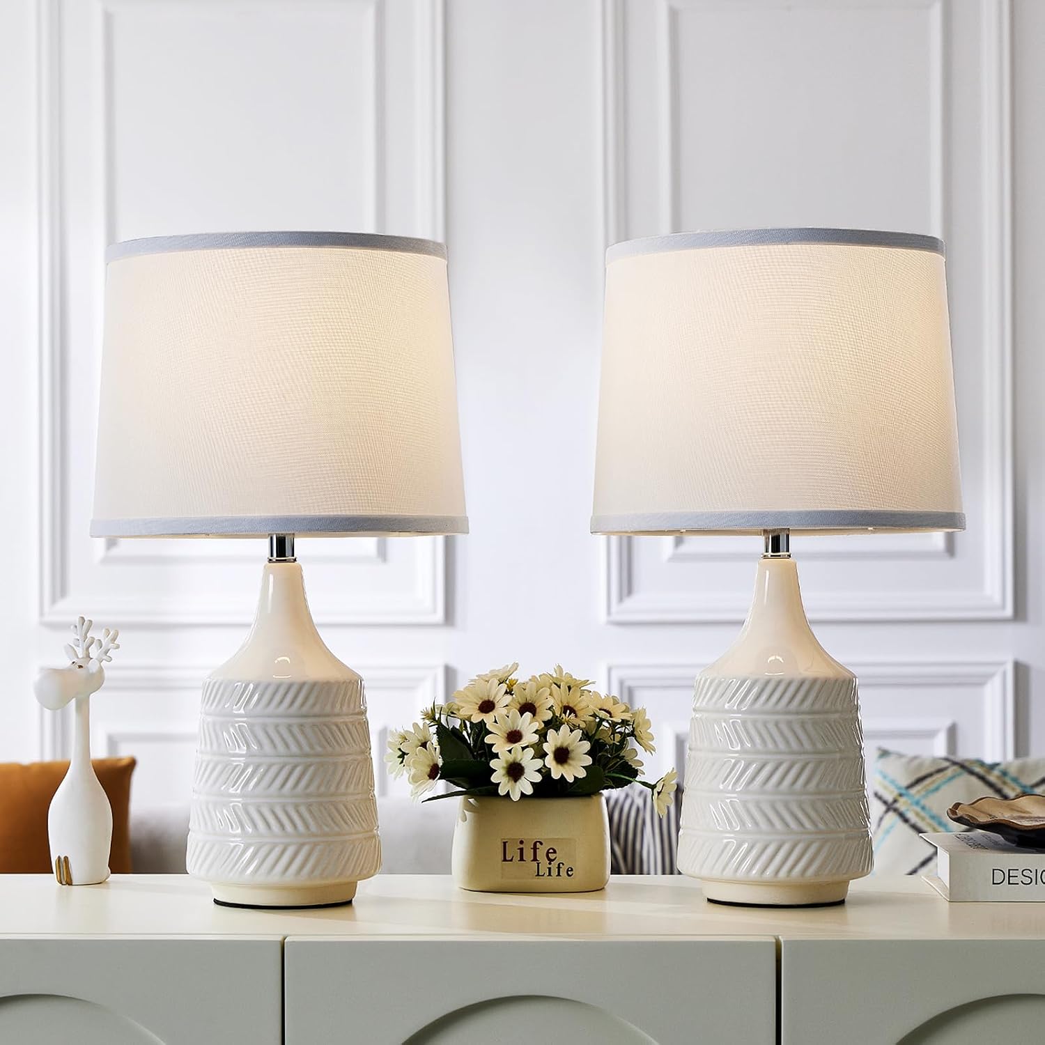 White Ceramic Table Lamps Set of 2, 18.5" Modern Bedside Lamps for Night Stands, Decor Classic Small Lamps for Living Room End Tables…