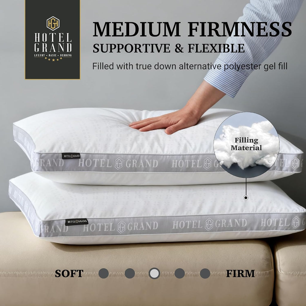 HotelGrand Hotel Grand Bed Pillows Queen Size Set of 2, 500 Thread Count Cotton Cover, Down Alternative Hotel Pillow for Side, Back, or Sto…