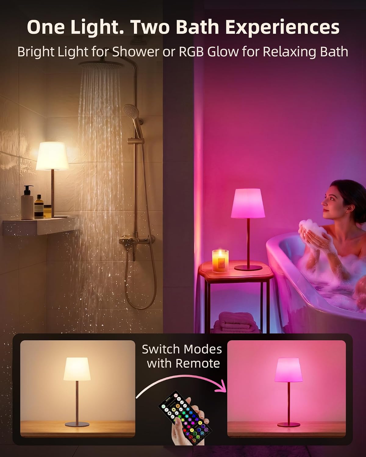 EZVALO Spa-Like Shower Lamp – Waterproof Bathroom Lamp with Remote, Rechargeable Cordless Mood Light, 3 Color Temps & 80 RGB Colors for…