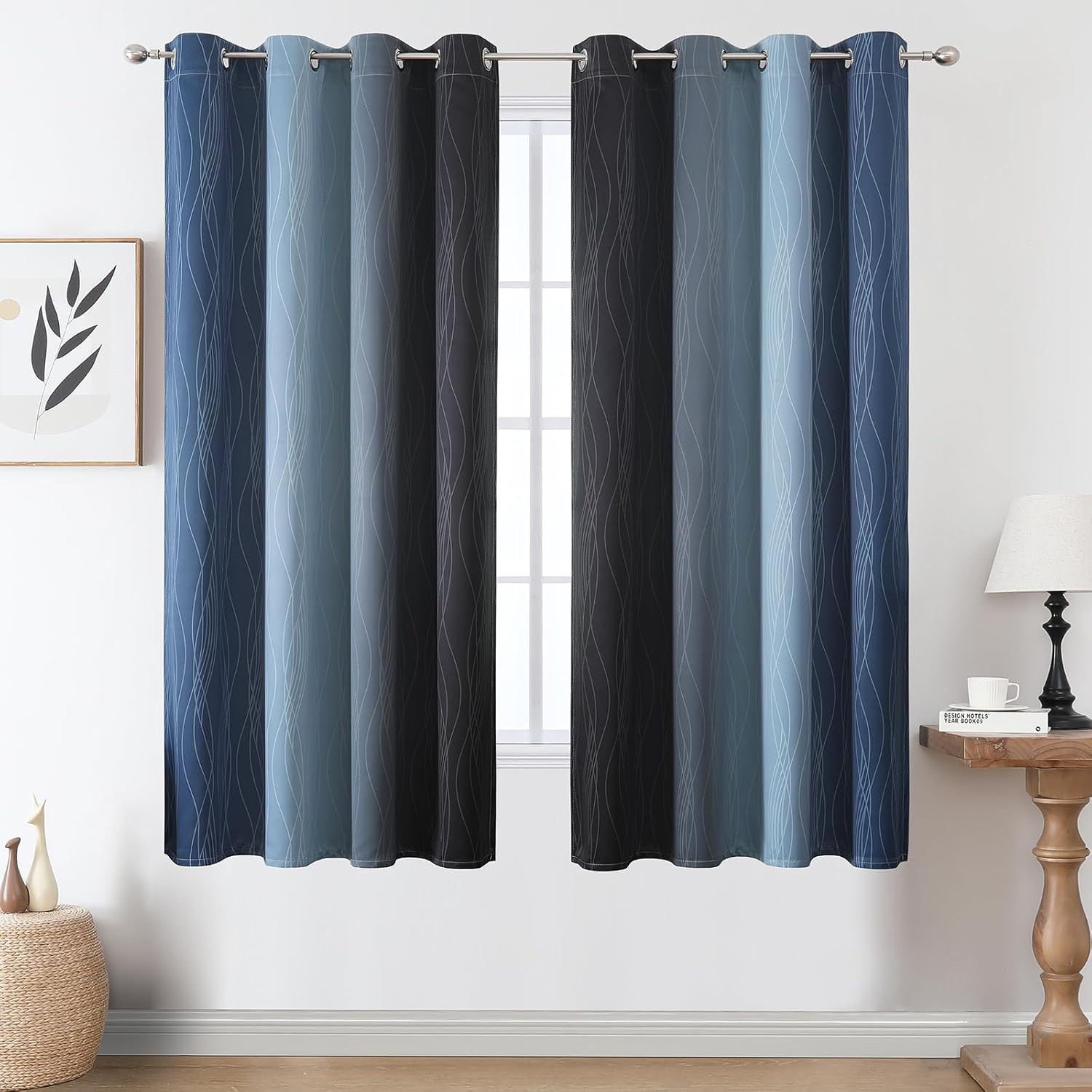 Estelartextiler Estelar Textiler Navy Blue and Black Ombre Blackout Curtains 63 Inch Length 2 Panels Set, Full Room Darkening Grommet Curta…