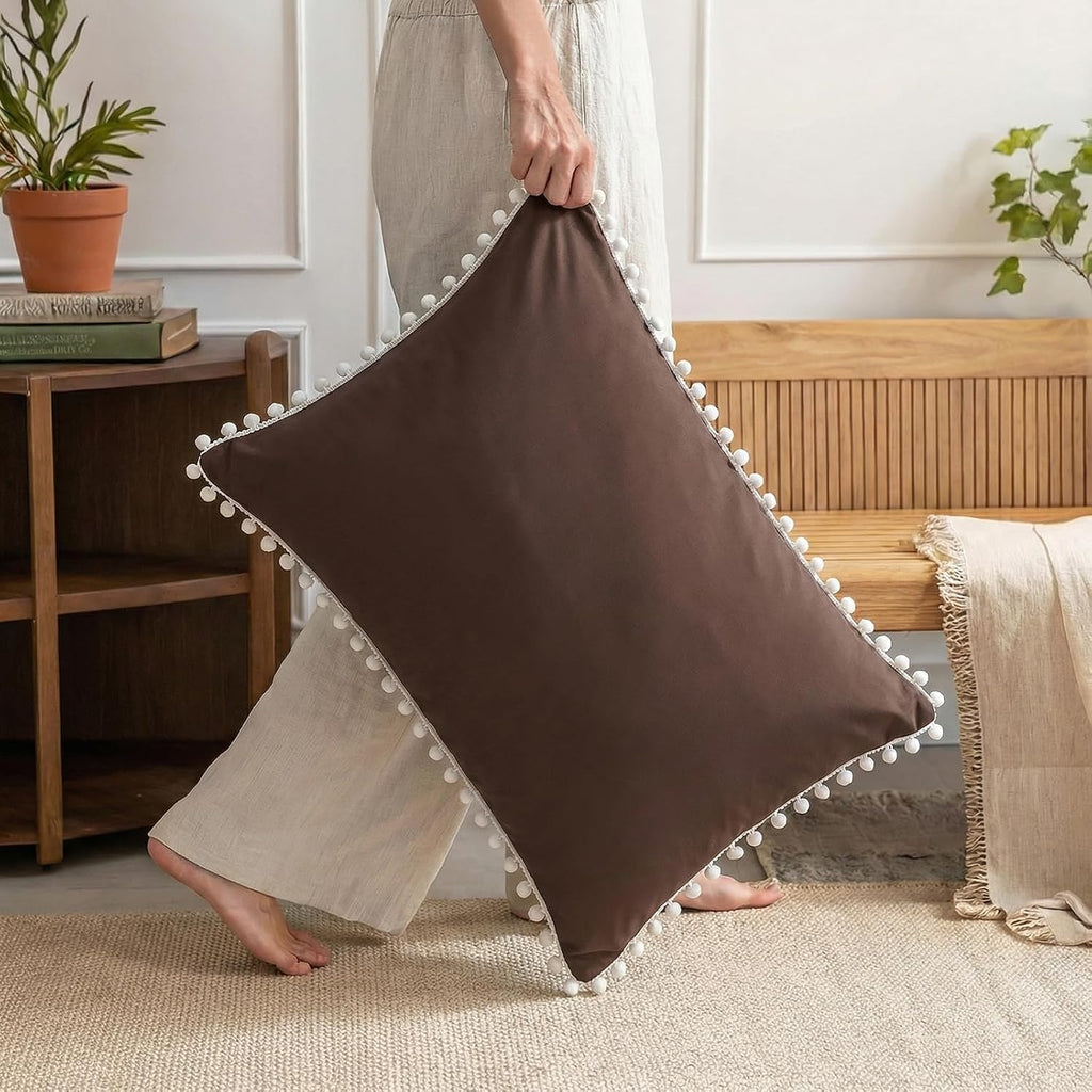 Moveover Chocolate Pom Poms Pillow Cases, Boho Pillowcases Set of 2, 100% Soft Washed Microfiber, Dark Brown Pom Poms Pillow Shams King, 2…