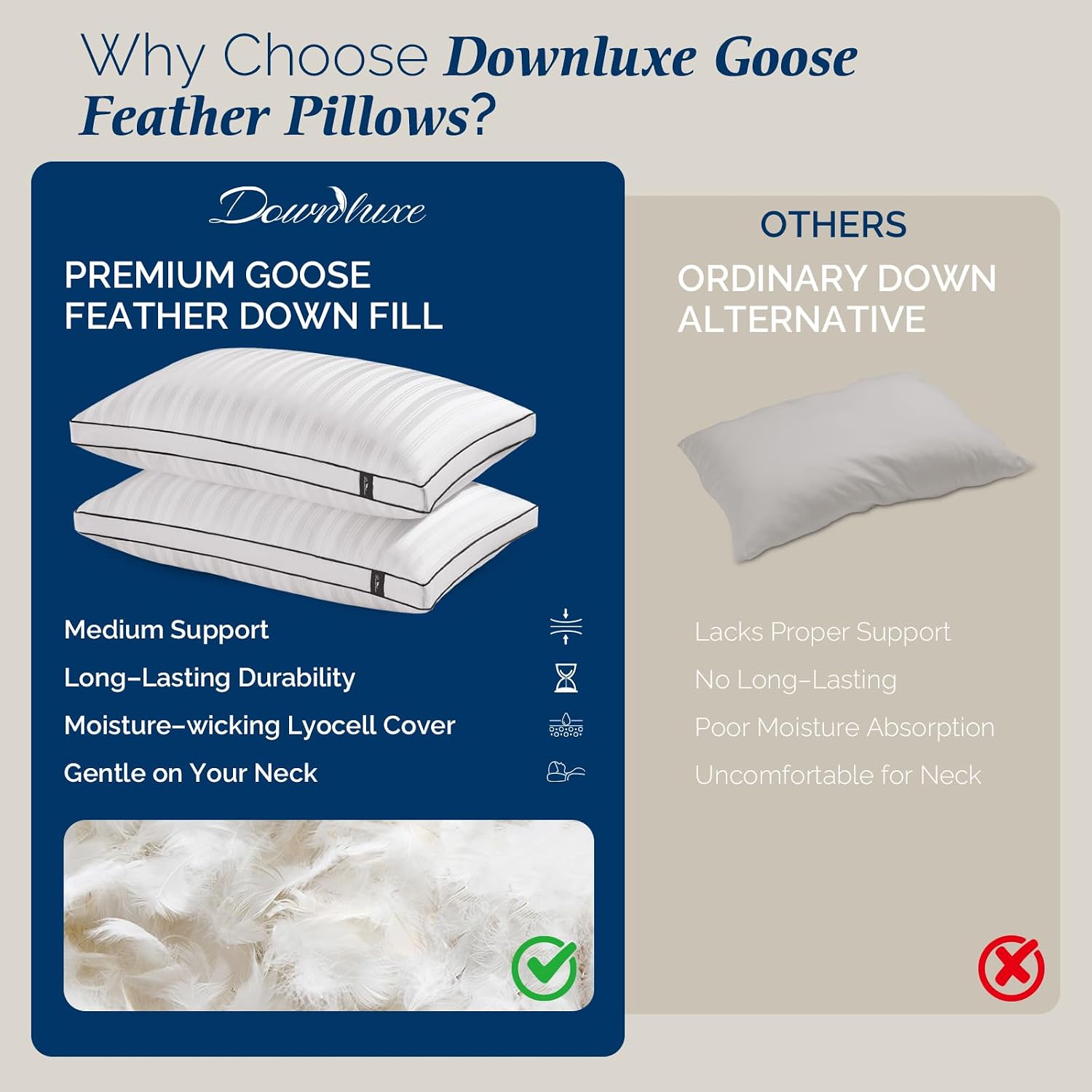 Downluxe Goose Feather and Down Pillows - 2 Pack Gusseted Hotel Collection Feather Pillows for Back, Stomach or Side Sleepers, Queen Size S…