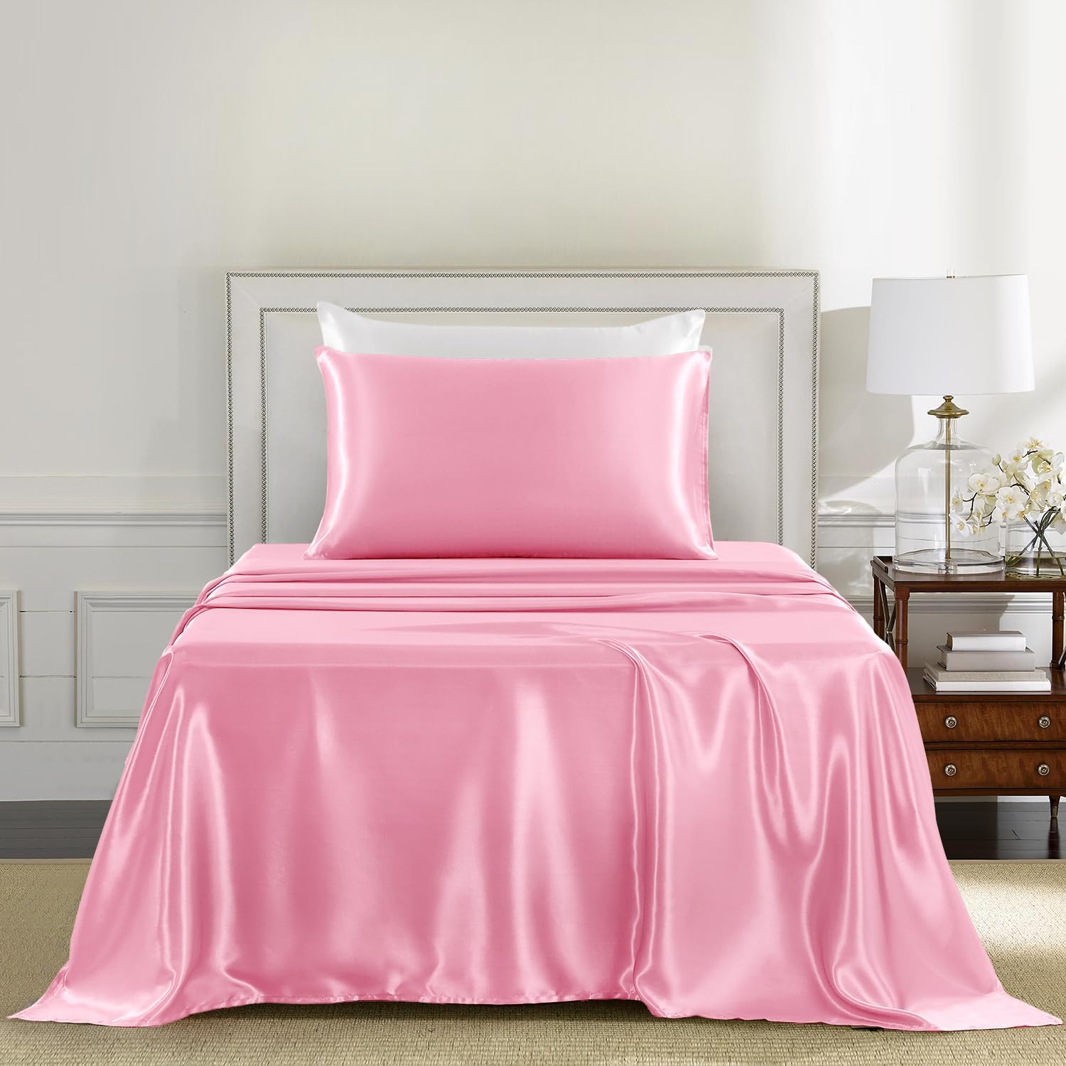 Golal Satin Sheets Twin Size - 3 Pieces Luxury Silky Soft Bed Sheets, Wrinkle-Free Light Pink Satin Silk Sheet Set with 1 Deep Pocket Fitte…