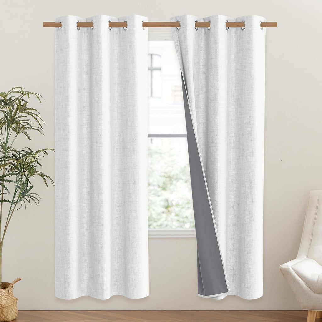 NICETOWN 100% Absolutely Blackout Linen Curtains with Thermal Insulated Liner, Greyish White, 42" Wide, 72" Length Energy Saving Curtains…