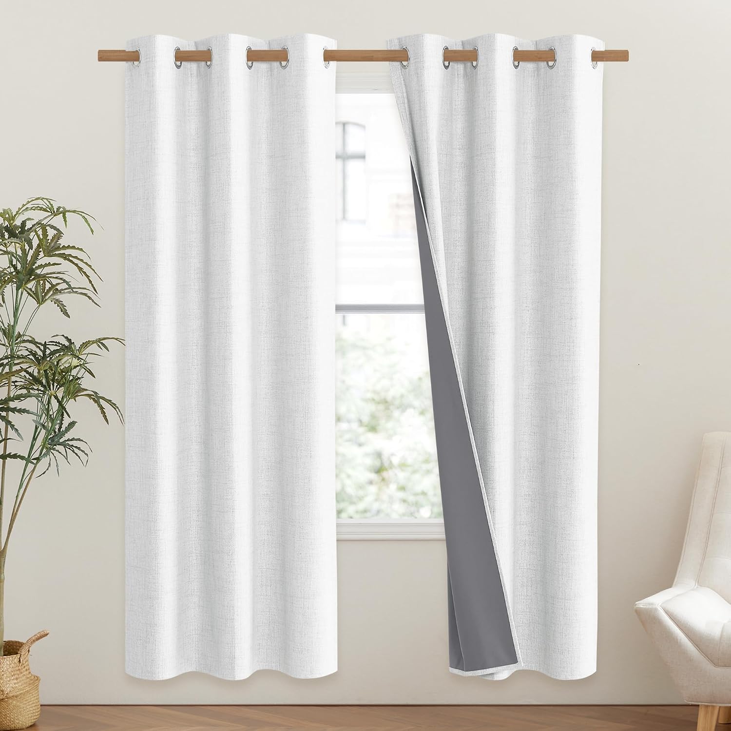 NICETOWN 100% Absolutely Blackout Linen Curtains with Thermal Insulated Liner, Greyish White, 42" Wide, 72" Length Energy Saving Curtains…
