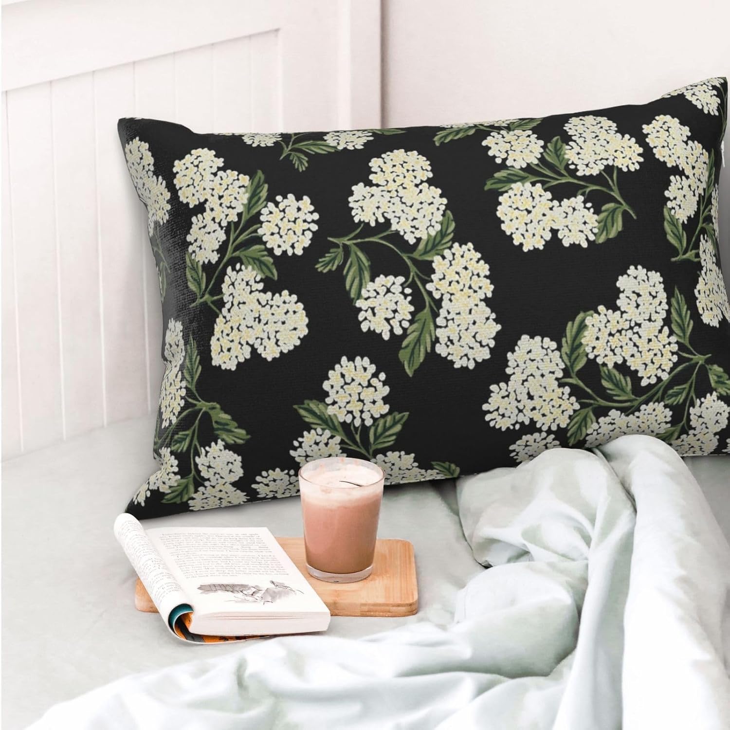 Black Spring Pillow Covers 12x20 Inch 2 Pcs Green Hydrangea Flower Decor Throw Pillows Vintage Floral Seasonal Summer Outdoor Decoration…