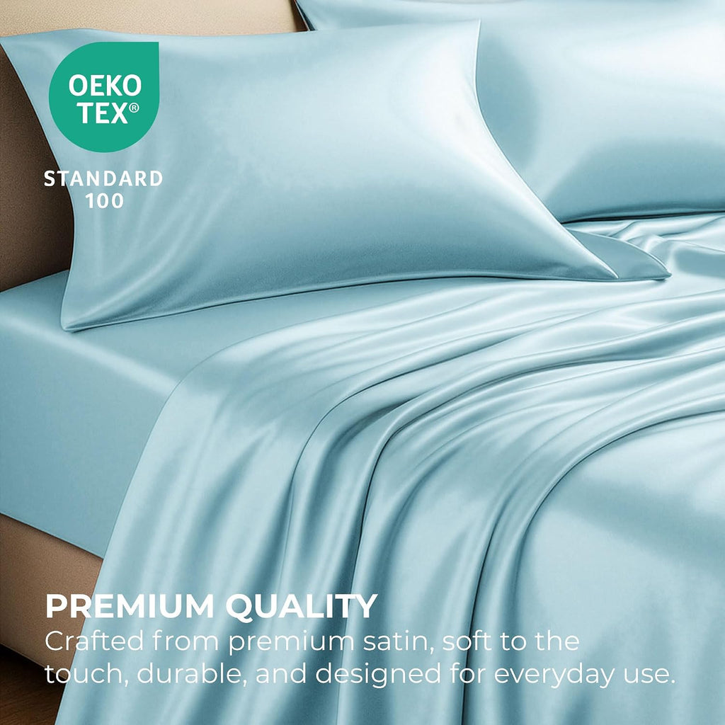 PureBedding Satin Sheets Queen [4-Piece, Skyblue] Hotel Luxury Silky Bed Sheets - Extra Soft 1800 Microfiber Sheet Set, Wrinkle, Fade, Stai…