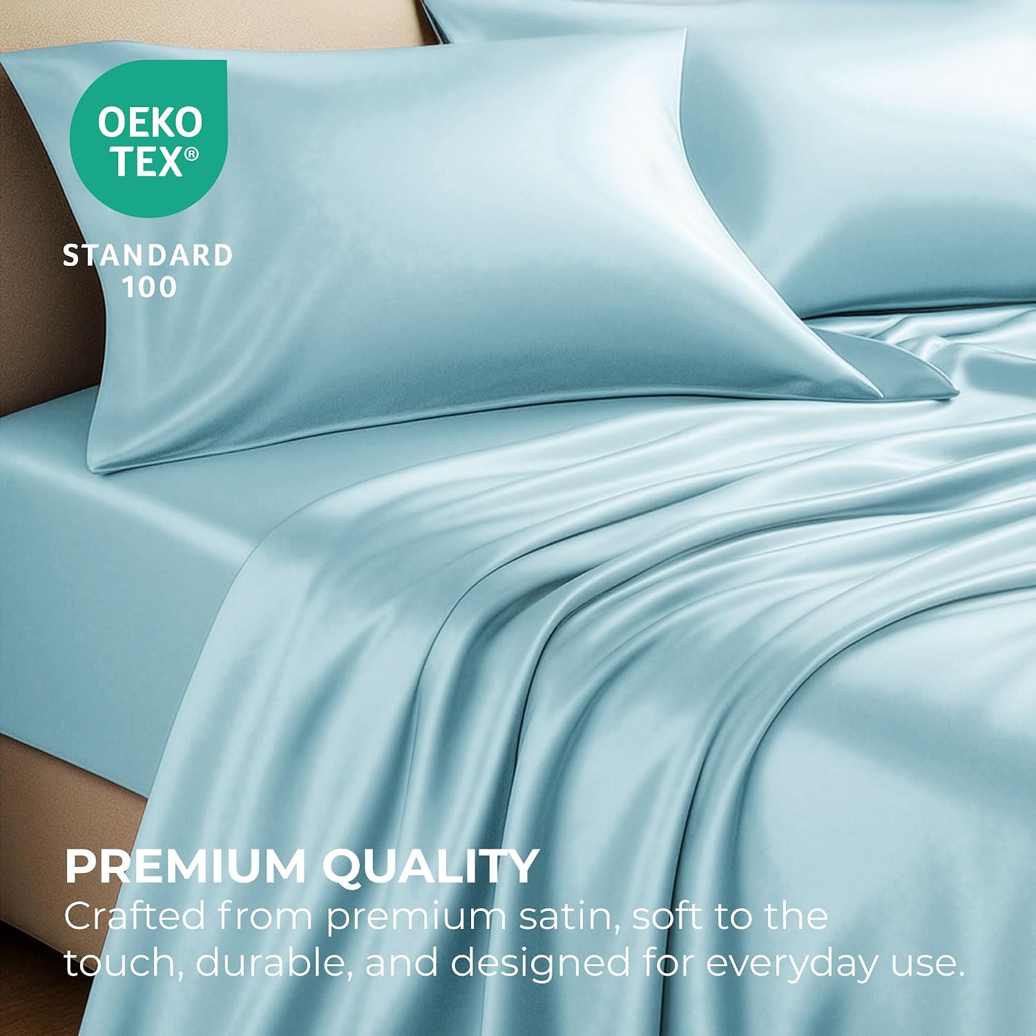PureBedding Satin Sheets Queen [4-Piece, Skyblue] Hotel Luxury Silky Bed Sheets - Extra Soft 1800 Microfiber Sheet Set, Wrinkle, Fade, Stai…