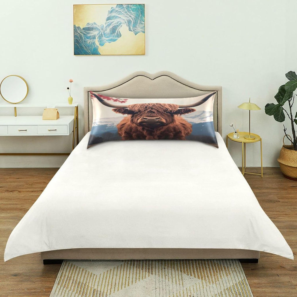 YETTASBIN Highland Cow Satin Pillowcase, Soft Breathable Silk Pillow Case with Envelope Closure for Hair and Skin, Standard Size 26 x 20…