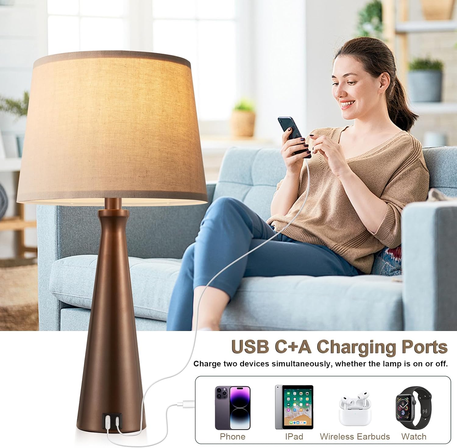 Seealle Modern Table Lamps Set of 2 - Touch Bedside Lamp for Nightstand with Dual USB C+A,3-Way Dimmable Brown Nightstand Lamps for…