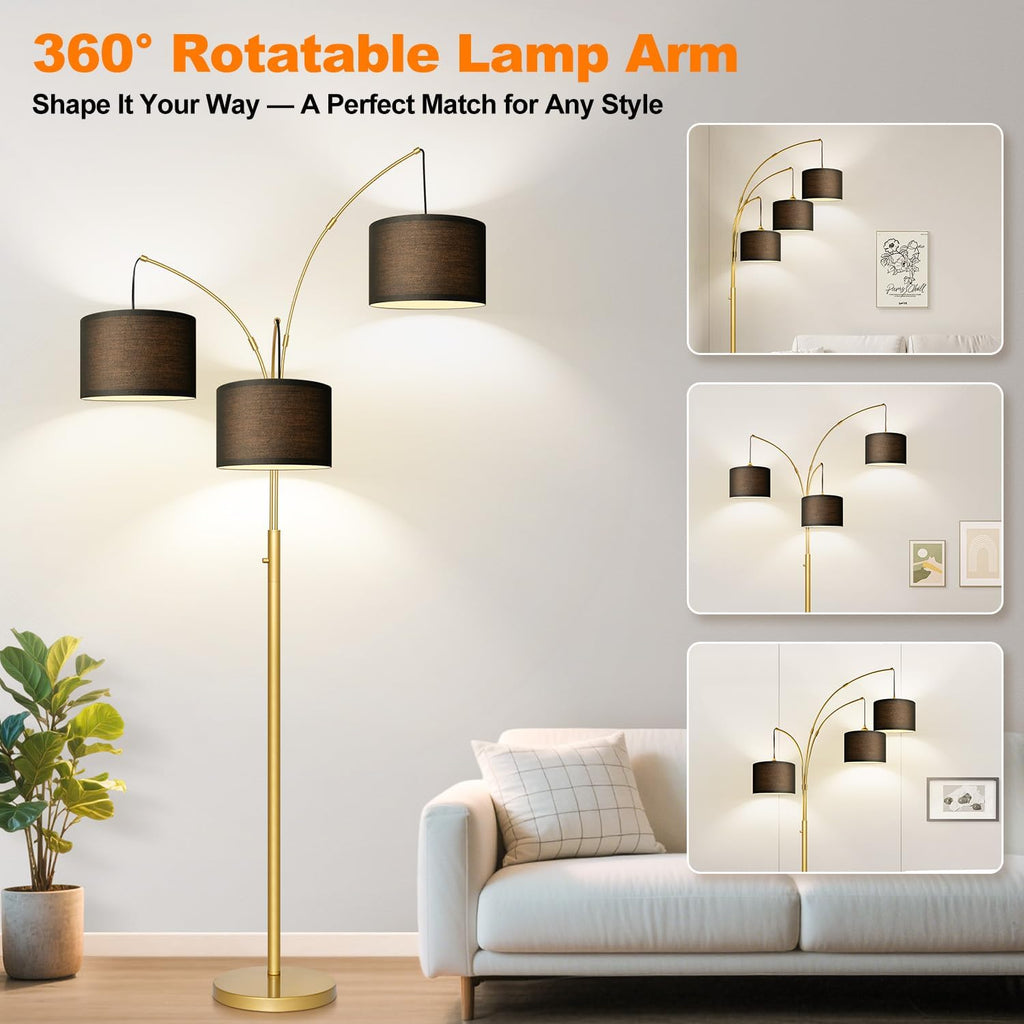 Dimmable Floor Lamp - 3 Lights Gold Arc Floor Lamps for Living Room, 1000LM Modern Tall Standing Lamp With Black Shades&Heavy Base, Mid…