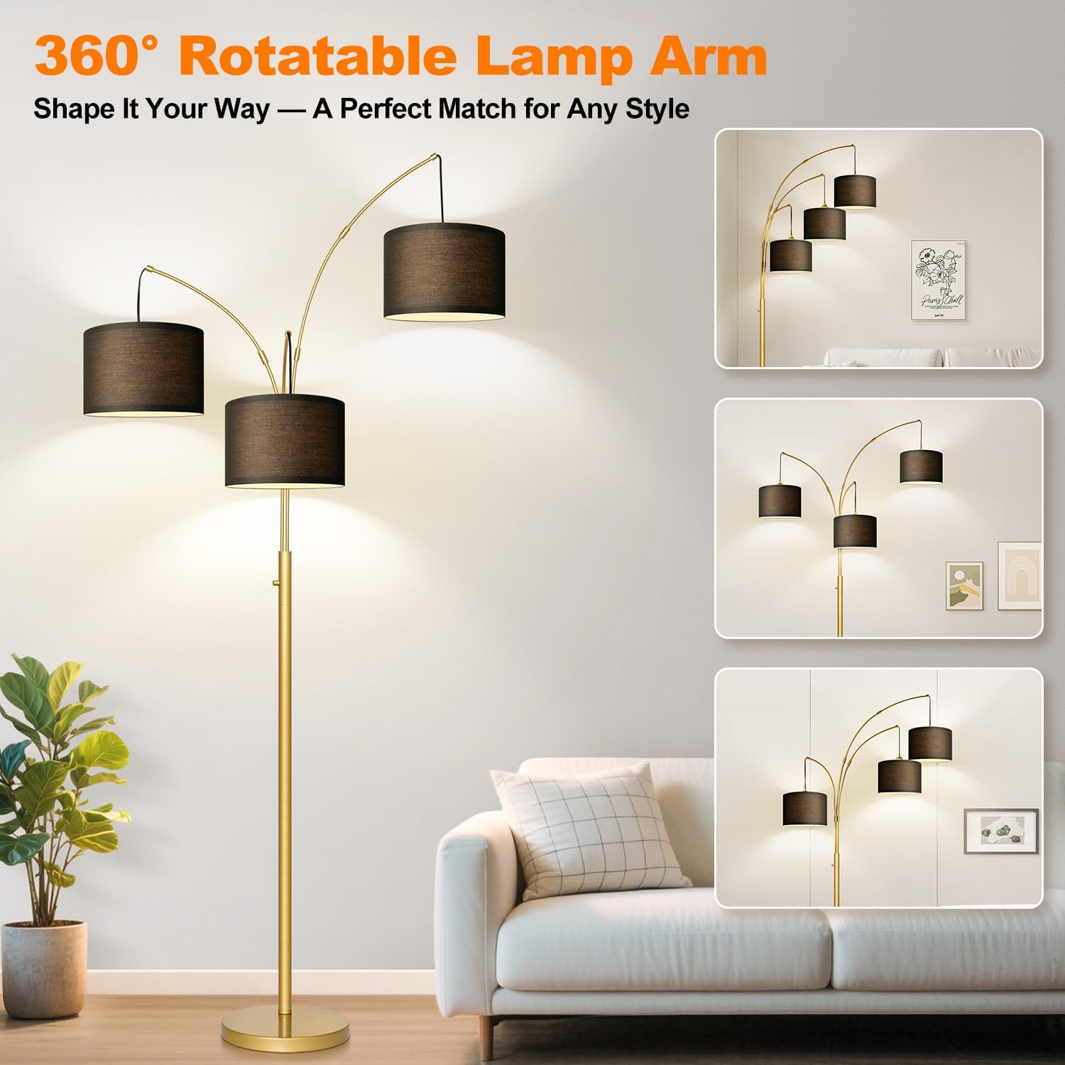 Dimmable Floor Lamp - 3 Lights Gold Arc Floor Lamps for Living Room, 1000LM Modern Tall Standing Lamp With Black Shades&Heavy Base, Mid…