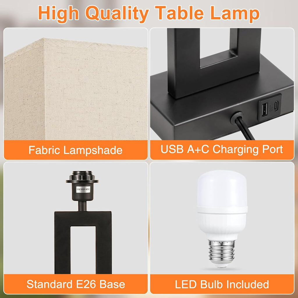 Seealle 22" Tall Living Room Lamps for Night Stands - Touch Bedside Lamp with USB C+A, 3 Way Dimmable Bedroom Lamps for End Tables Set of…