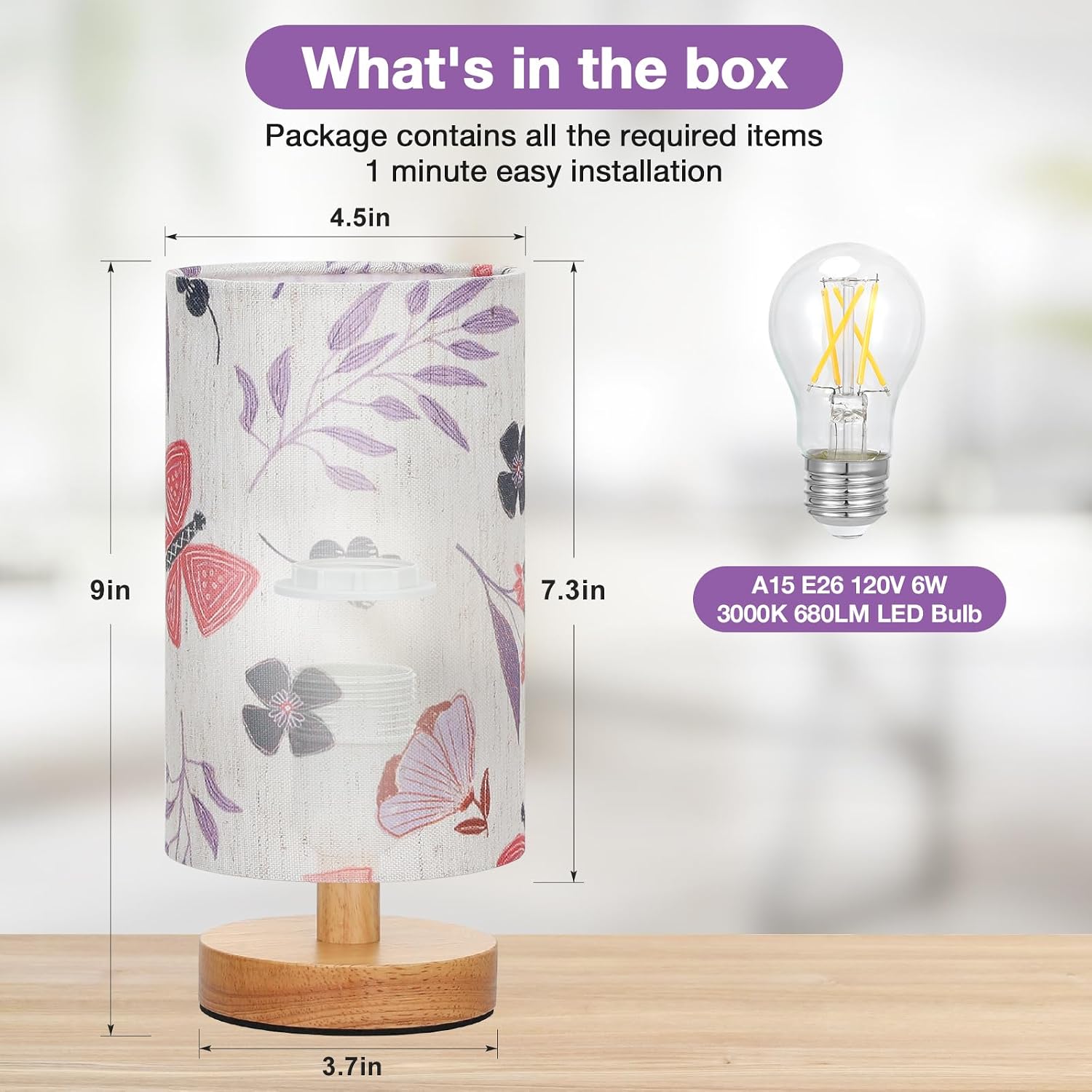 Fenmzee Butterfly Table Lamp for Bedroom - Inline Control, Small Bedside Lamp with 3000K A15 LED Blub, Easy Assembly (Butterfly Cream…