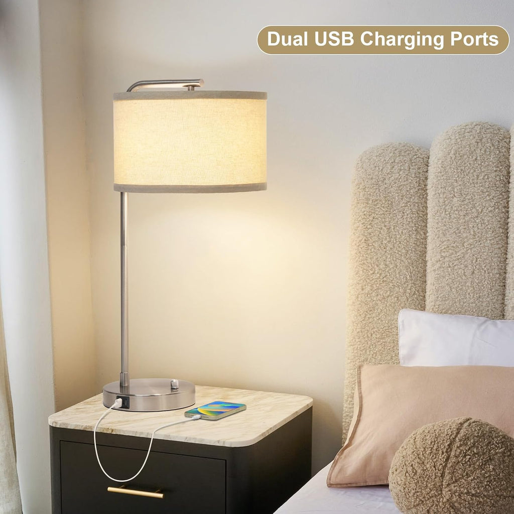 Table Lamp for Living Room, Modern Bedside Lamp with USB C+A Ports, Fully Dimmable Nightstand Lamp with Beige Drum Shade, Silver Finish…
