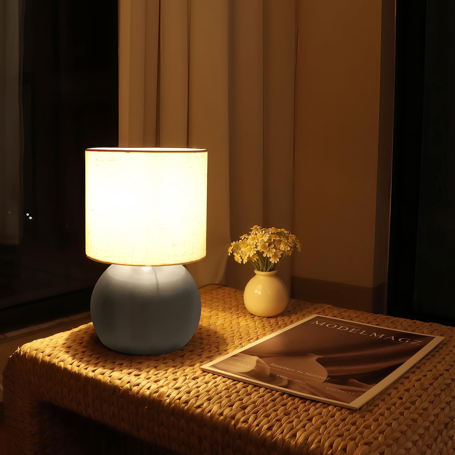 Modern Small Table Lamp with Grey Metal Base and Linen Shade, 10.4 Inch Nightstand Light for Bedroom, Living Room, Desk, Dorm
