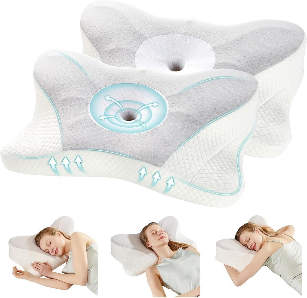 DUMOS Cervical Neck Pillow Set of 2, Cooling Memory Foam Contour Pillow with Arm Rest Slot and Ice Silk Pillowcase, Ergonomic Dual-Height…