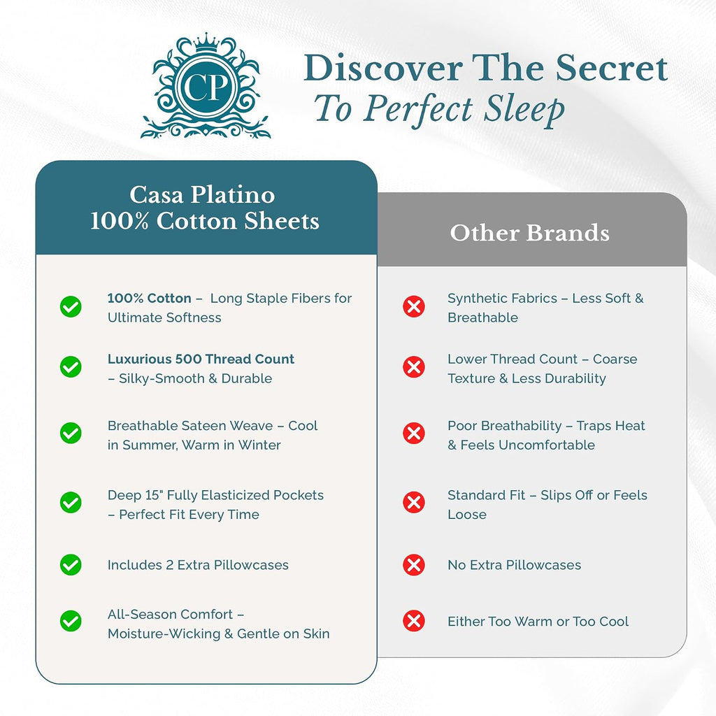 Casa Platino Cotton Full Size Sheets Set, 6 Piece Sheets with 500 Thread Count 100% Cotton Sheets, Sateen Finish for a Smooth Feel, 15…