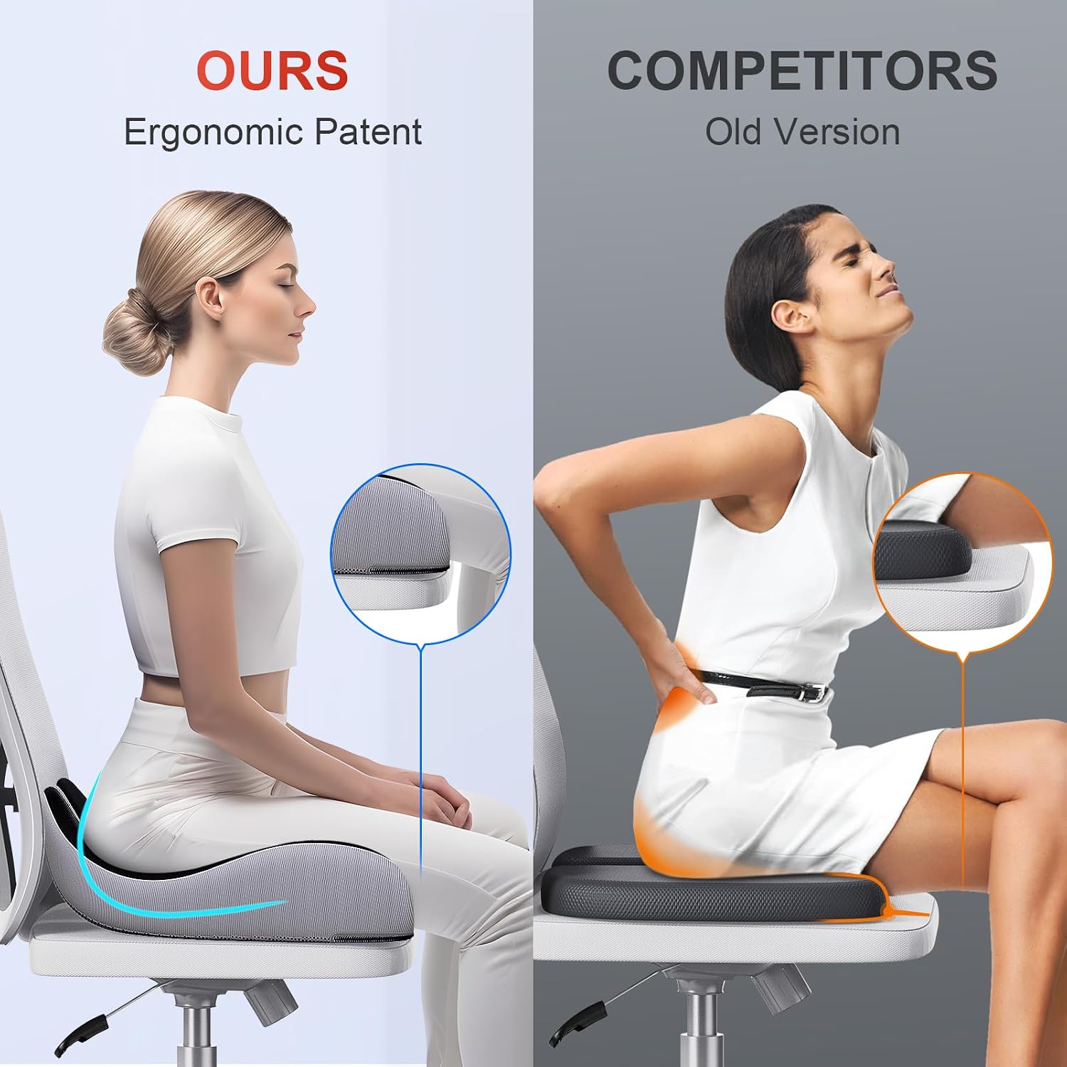 Benazcap X Large Memory Seat Cushion for Office Chair Ergonomic Cushions Butt Pillow for Pressure Relief Sciatica & Memory Foam for Long Si…