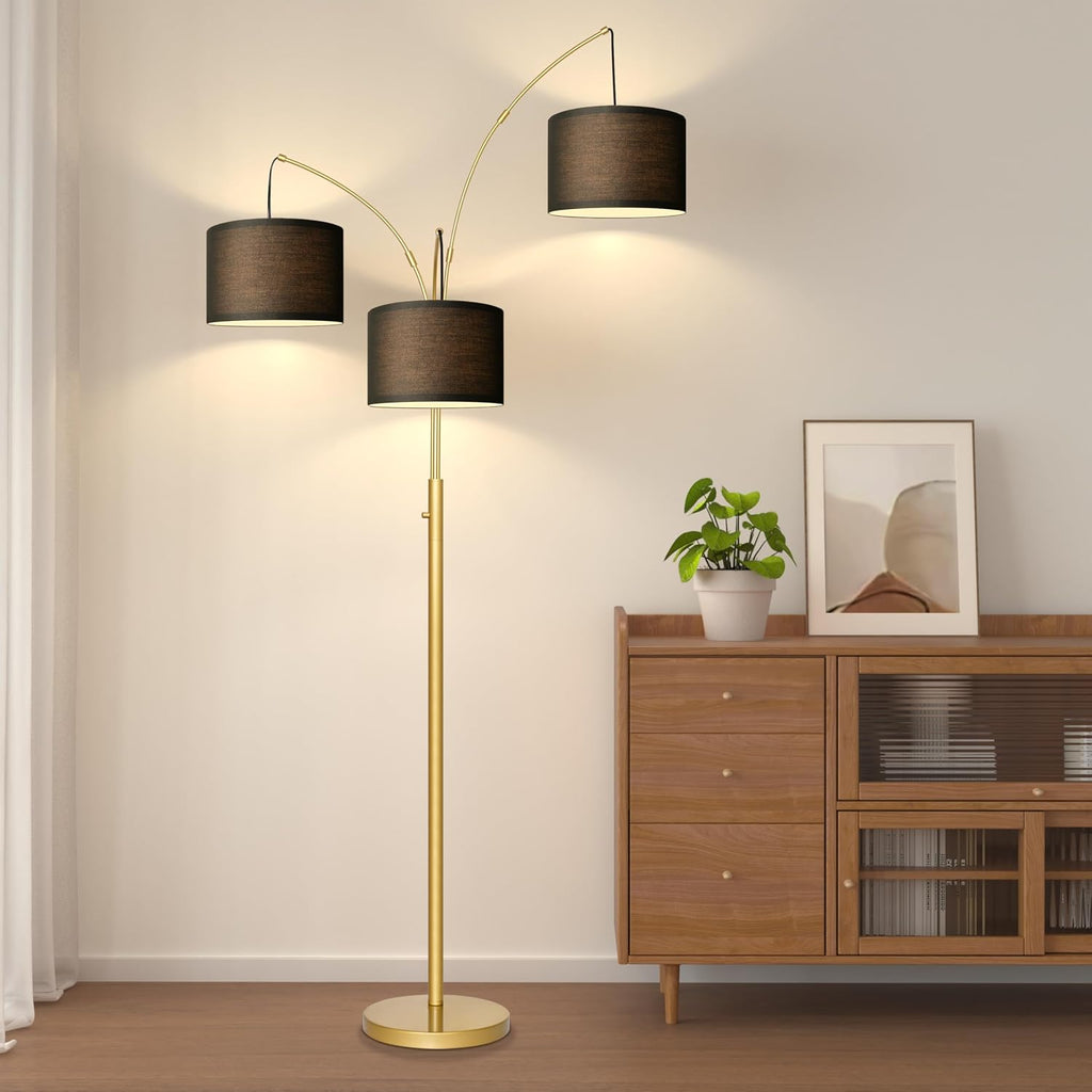 Nintiue Dimmable Floor Lamp - 3 Lights Gold Floor Lamps for Living Room with Black Shades & Heavy Base, Mid Century Tree Floor Lamp for…