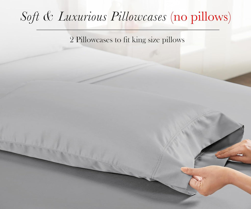 CaliforniaDesignDen King Size Pillowcase Egyptian Cotton Set of 2, Sateen Weave, Soft and Breathable Light Grey Pillow Cases Set of 2 to fi…