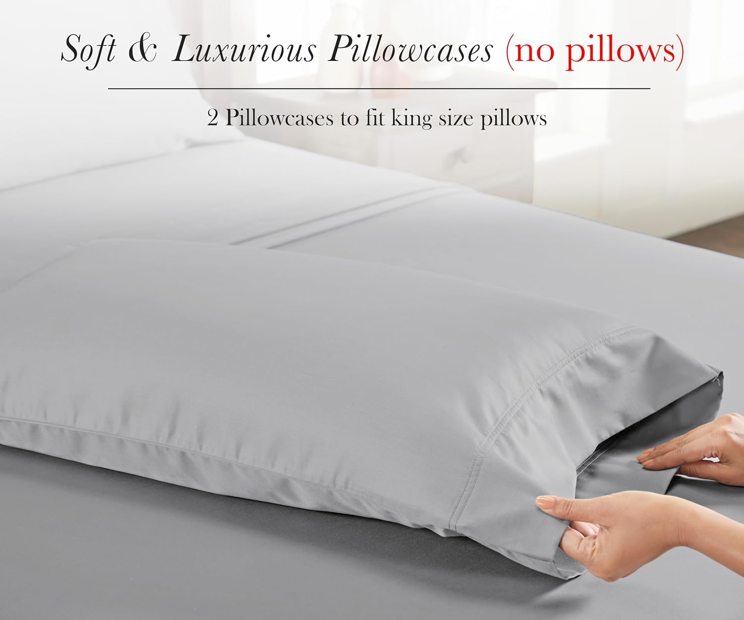 CaliforniaDesignDen King Size Pillowcase Egyptian Cotton Set of 2, Sateen Weave, Soft and Breathable Light Grey Pillow Cases Set of 2 to fi…