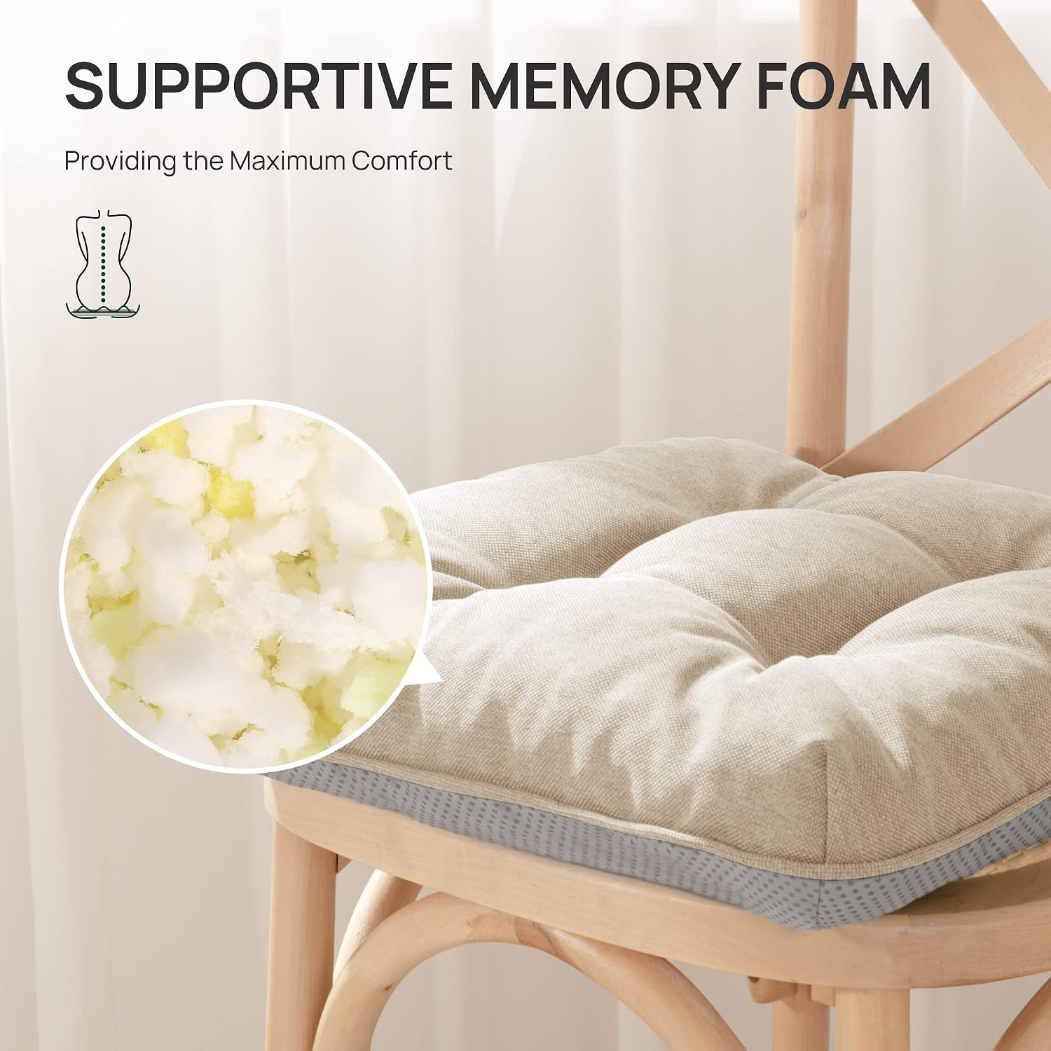 Love's cabin Memory Foam Chair Cushions Set of 4, 19"x19"x3.5" Indoor & Outdoor Seat Pads for Dining, Kitchen, Office, Patio Chairs - Khaki