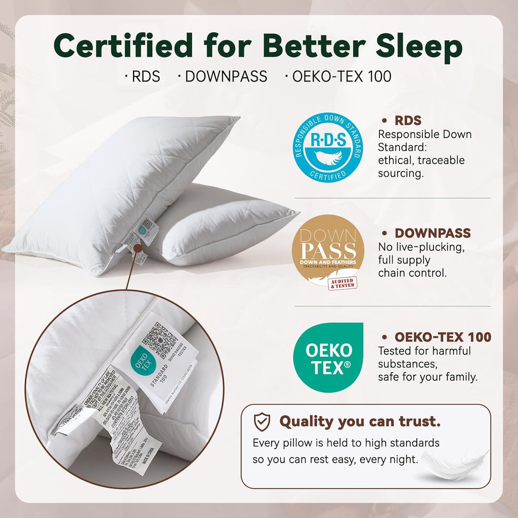 Three Geese White Goose Feather Cotton Pillows Queen Size Set of 2 - Soft 600 Thread Count Organic Cotton Cover, Soft Goose Feather Down…