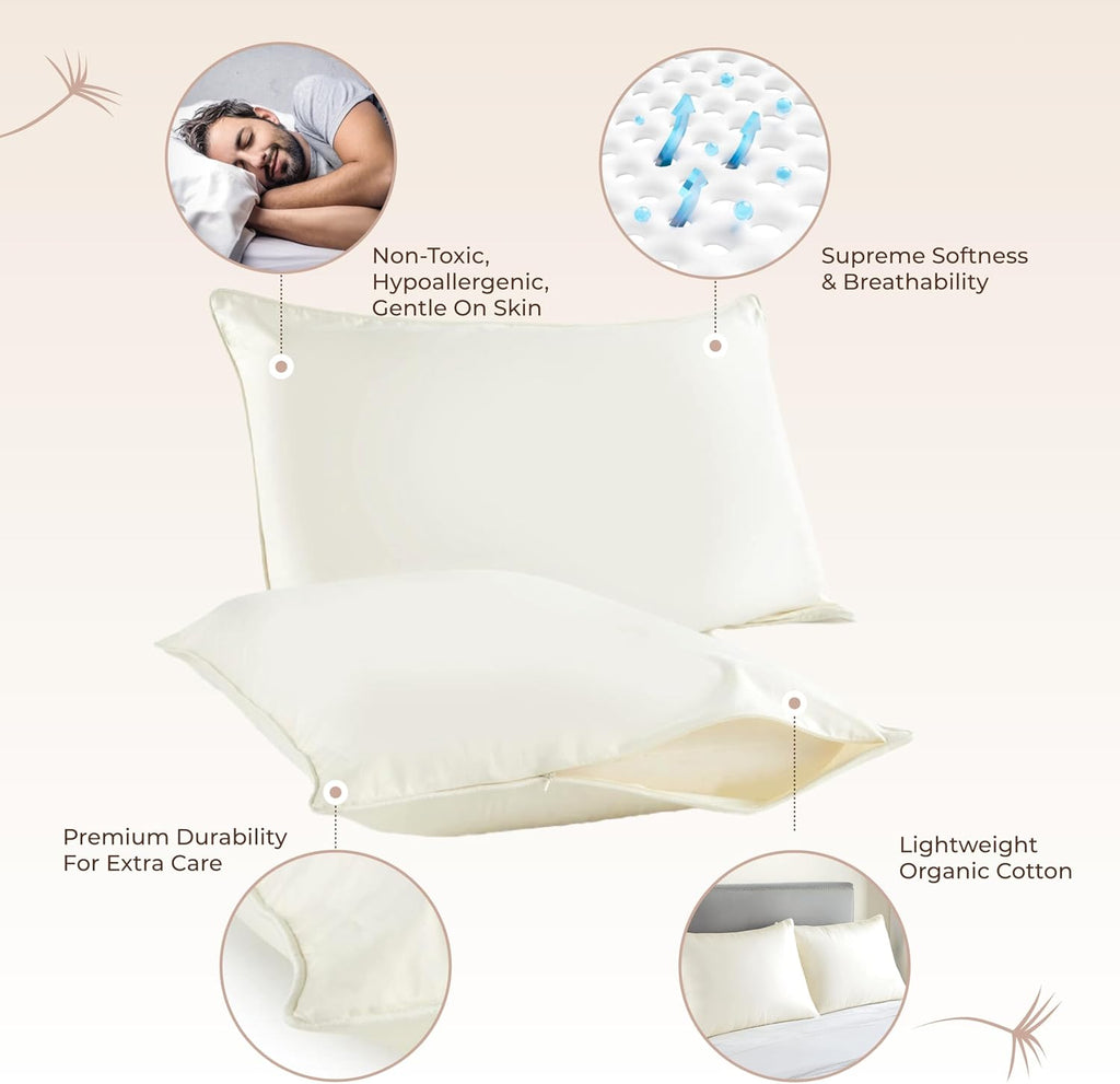 WhisperOrganics Organic Cotton Pillow Protector Standard Size - 100% Cotton GOTS Certified Pillow Case Protector with Zipper - Hypoallergen…