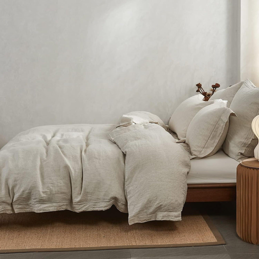 Simple&Opulence 100% Washed Linen Duvet Cover Set with Embroidered,3 Pieces Soft Farmhouse Comforter Set with Button Closure…