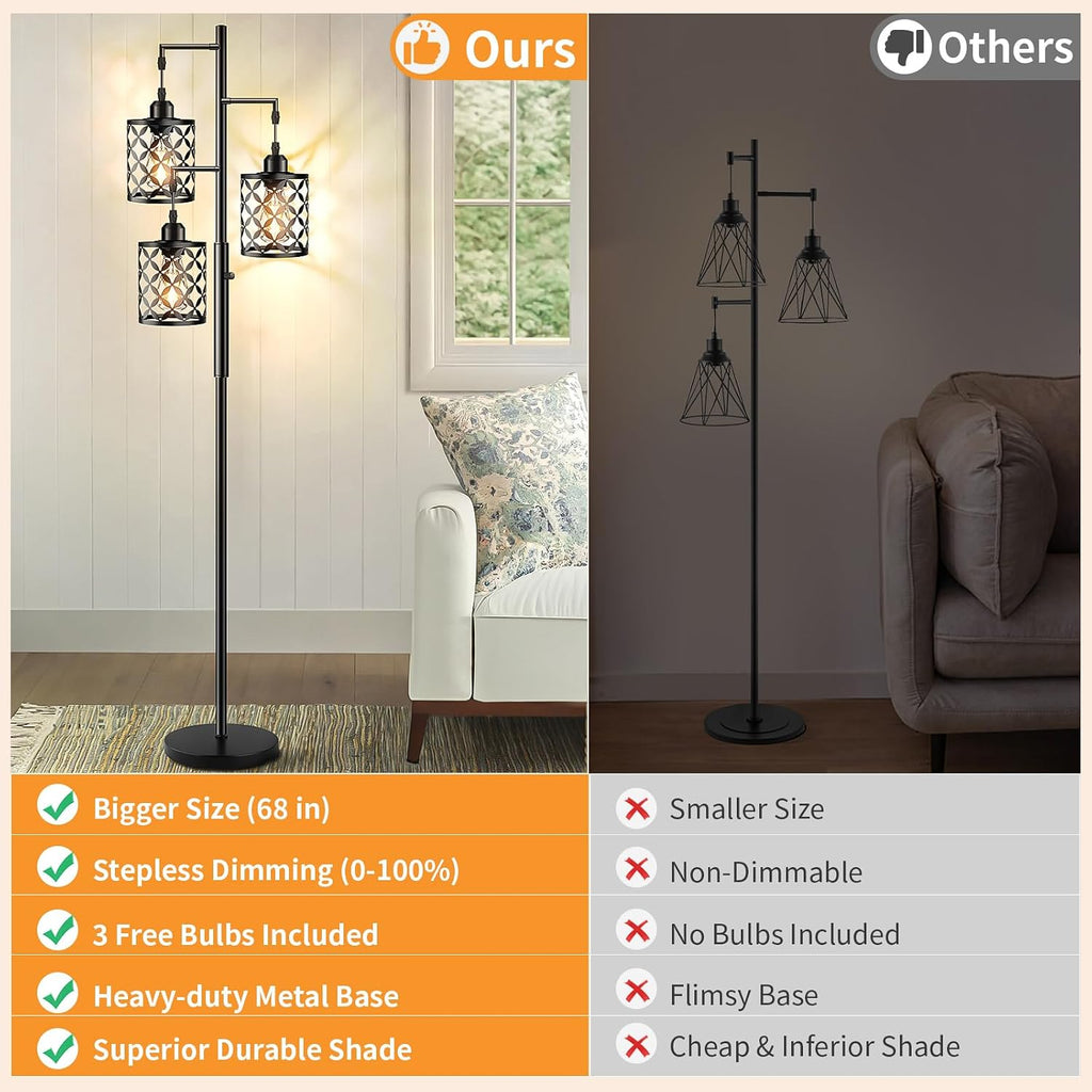 Dimmable Floor Lamp, Farmhouse Standing Lamp with Elegant Metal Cage, Industrial Tall Tree Floor Lamps for Living Room, Bedroom, Study…