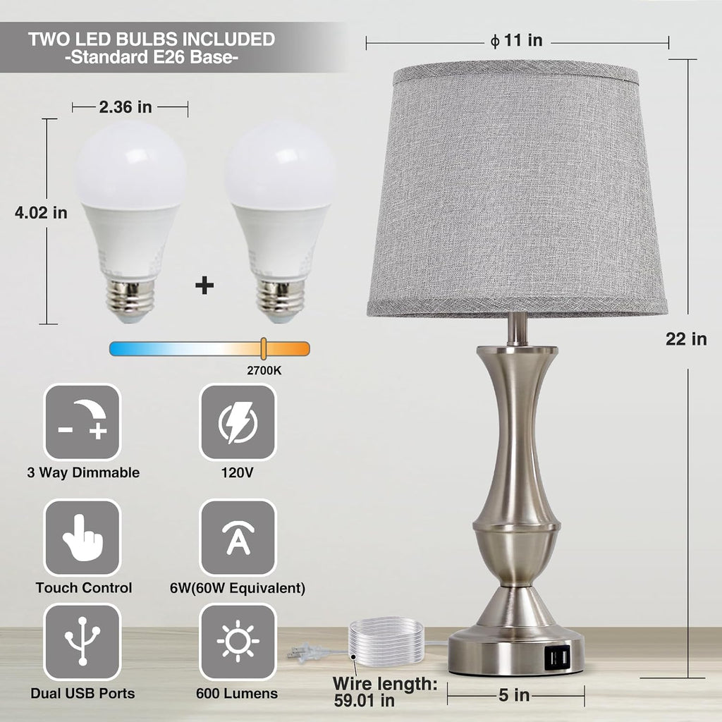 Touch Table Lamps Set of 2, 22" Tall Bedside Lamps, Nightstand Lamps with USB C+A Charging Ports, Dimmable Lamp for Bedrooms, Living…