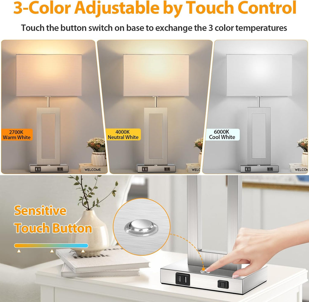 22’’ Touch Control Table Lamps Set of 2, 3 Color Temperatures Bedroom Bedside Lamps, Modern Silver Dimmable Lamps with USB Ports & AC…