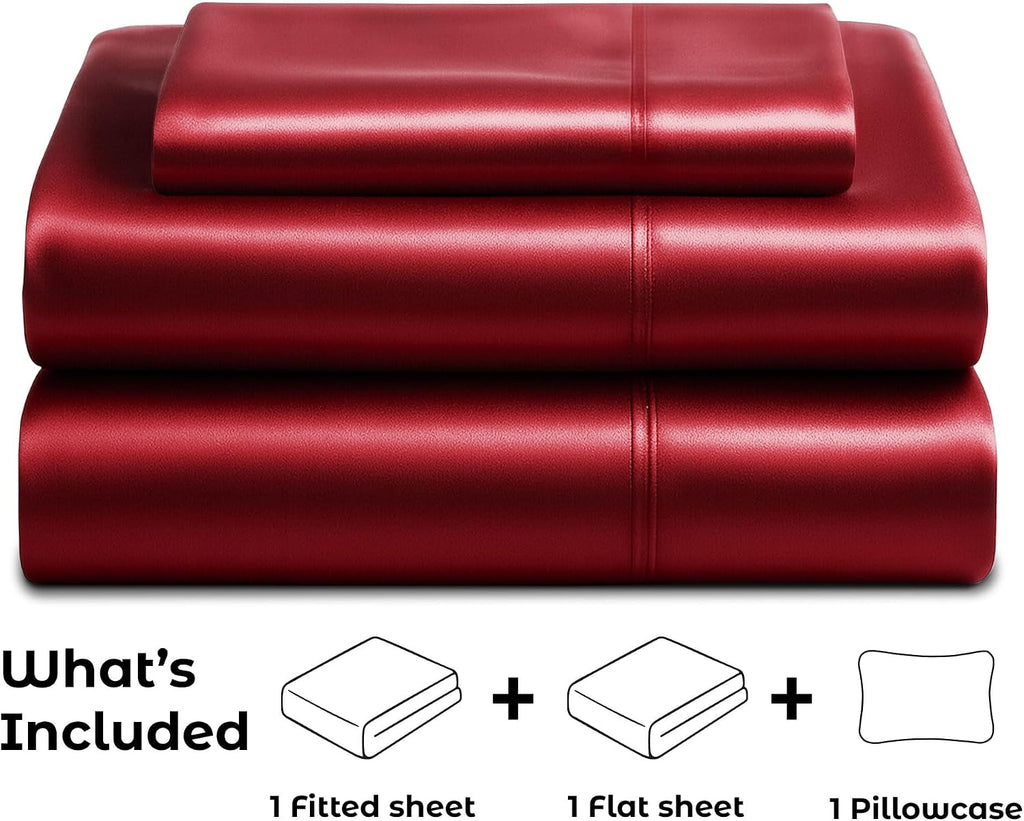 PureBedding Satin Sheets Twin [3-Piece, Burgundy] Hotel Luxury Silky Bed Sheets - Extra Soft 1800 Microfiber Sheet Set, Wrinkle, Fade, Stai…