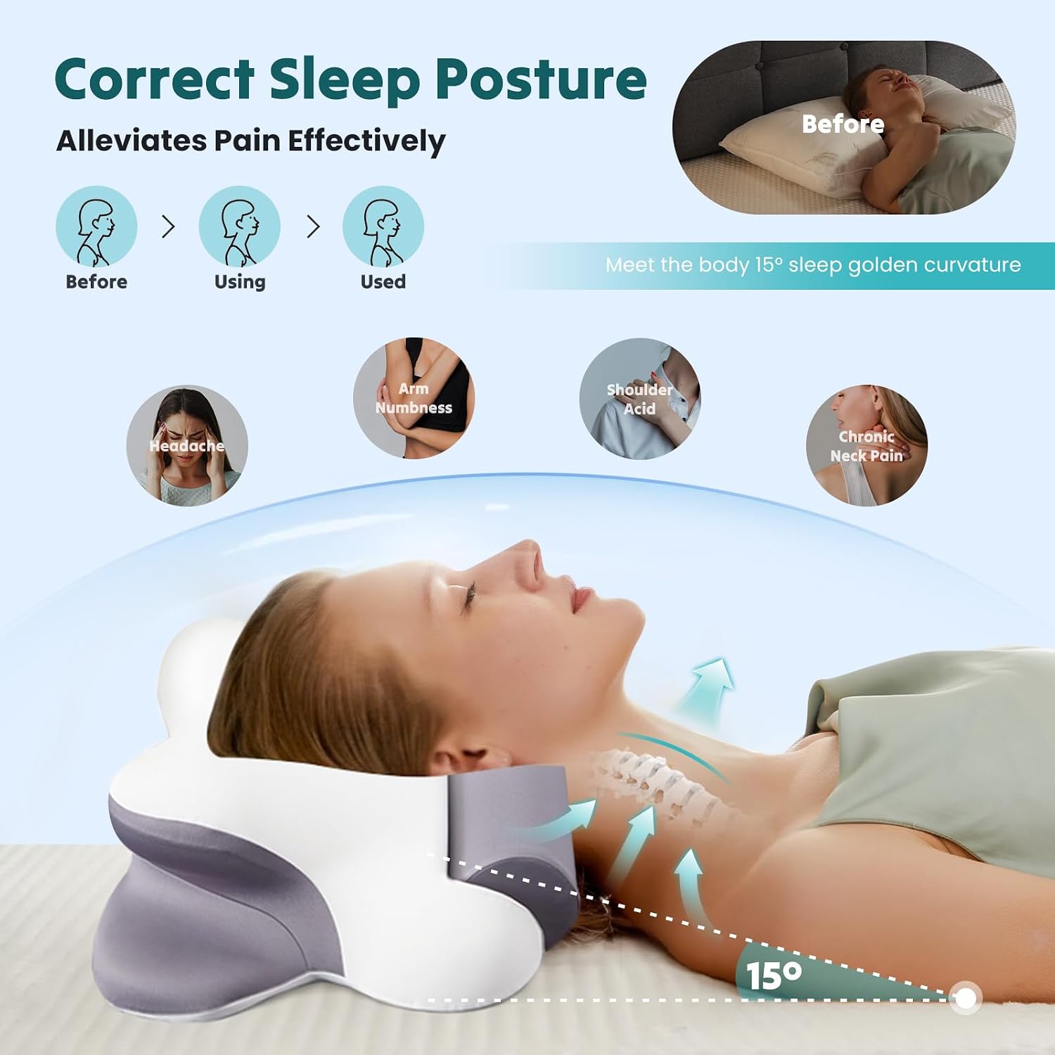 DUMOS Cervical Neck Pillow for Sleeping, Cooling Ergonomic Memory Foam Pillow with Arm Rest Slot and Ice Silk Pillowcase, Dual Height…