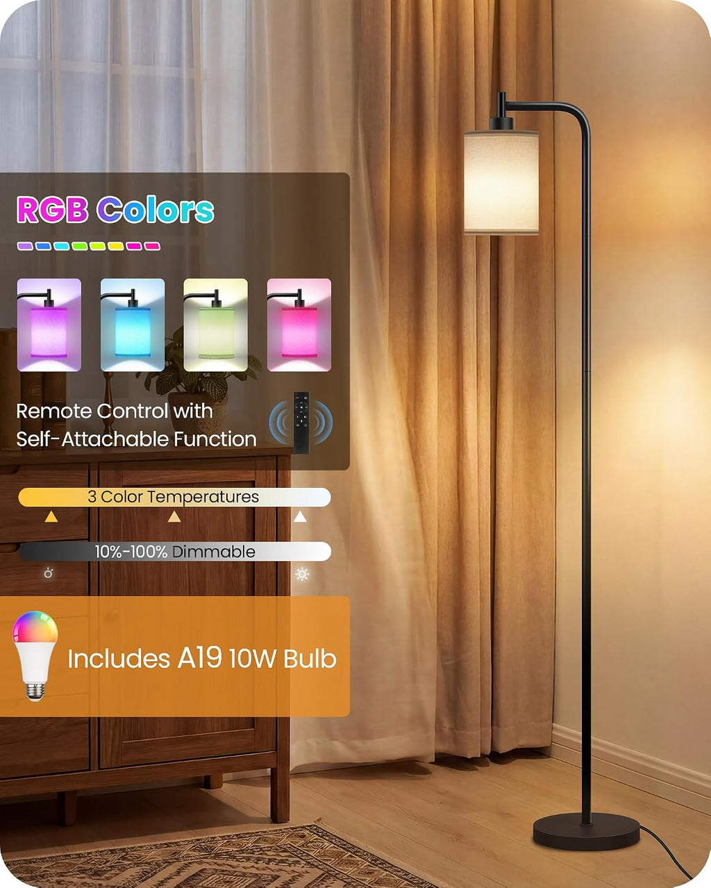 RGB Floor Lamp for Living Room with Remote and Foot Switch, Modern Standing, Dimmable Corner Lamp,10W Bulb 3 Color Temperatures, for…