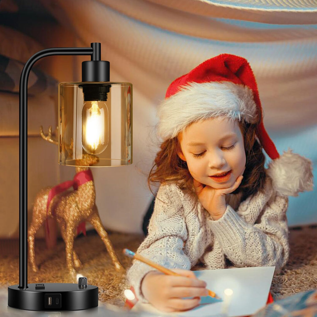 Lynnoland Set of 2 Industrial Table Lamps with USB C+A Ports and Outlet, Black Nightstand Lamps with Amber Glass Shade for Reading Living…
