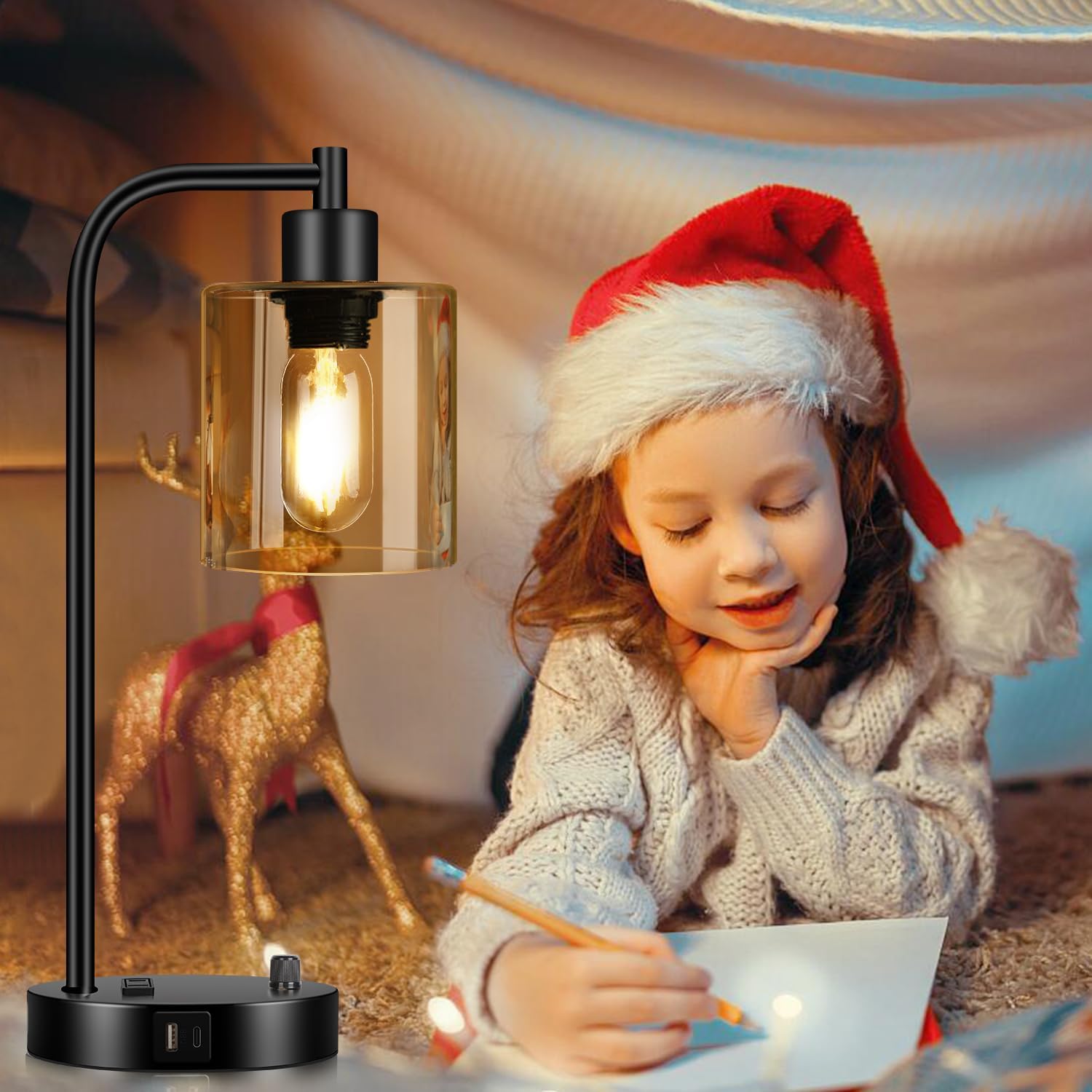 Lynnoland Set of 2 Industrial Table Lamps with USB C+A Ports and Outlet, Black Nightstand Lamps with Amber Glass Shade for Reading Living…