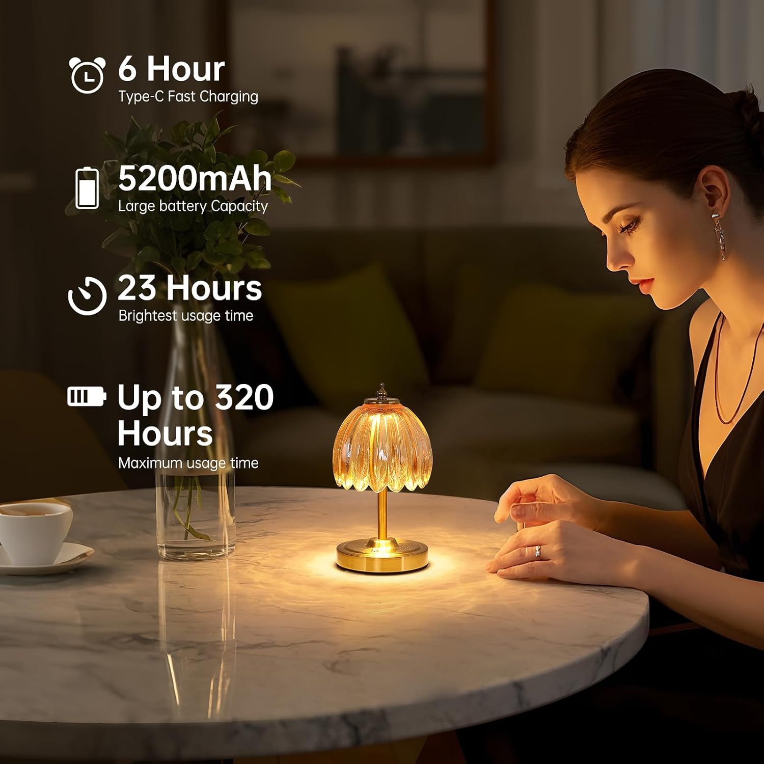 Shenmoyl Tulip Small Table Lamp, 5200mAh Cordless Touch Control Mini Table Lamp with 3 Color Temps & Stepless Dimming, Perfect for Small Sp…
