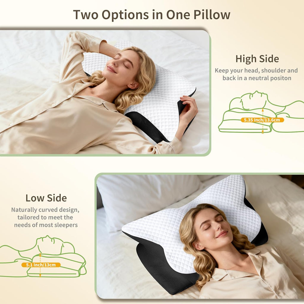 Roowana Cervical Neck Pillow for Neck Pain, Memory Foam Orthopedic Pillow with Contoured Design, Neck Support Pillows for Side, Back and St…