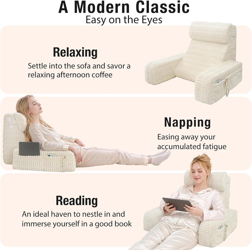 19" Reading Pillow for Bed with Built-in Arms & Large Pockets, Supportive Backrest Cushion for Reading, Resting, or Reclining, Washable…