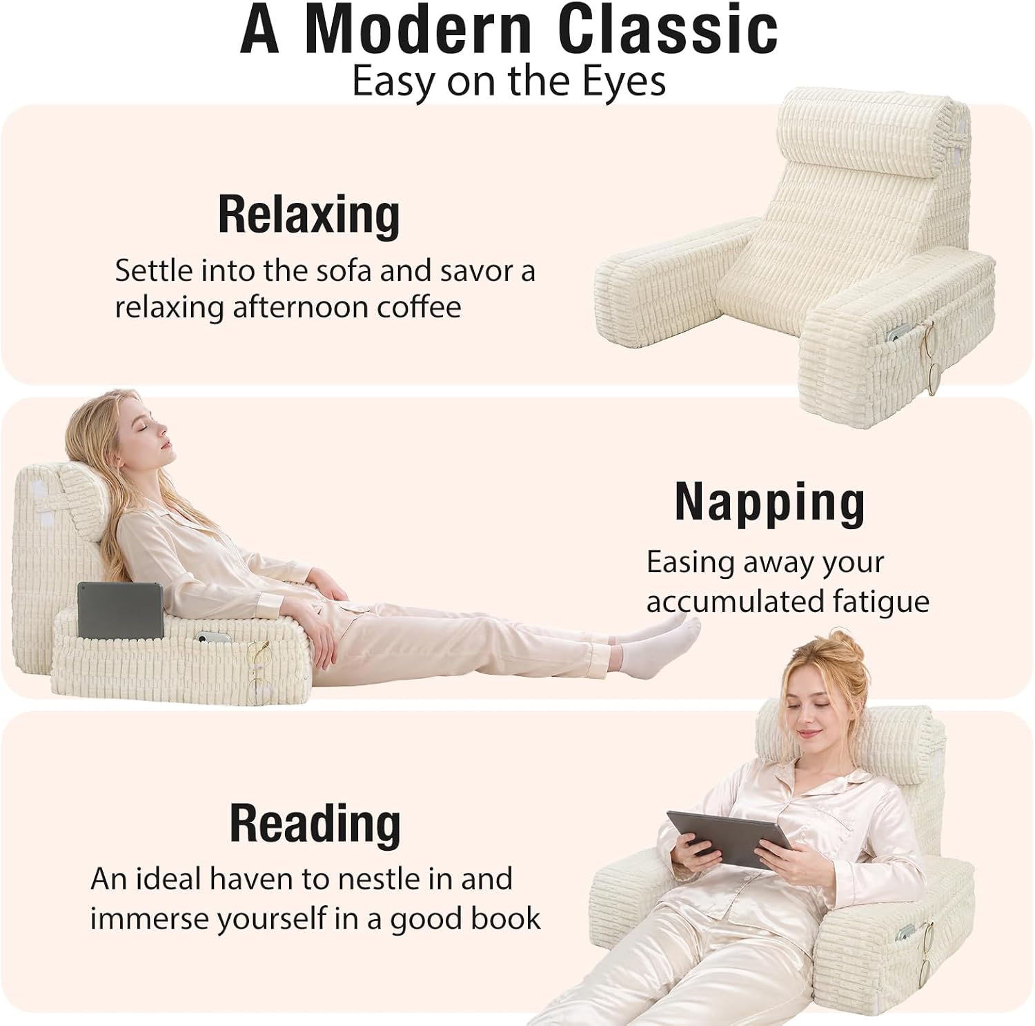 19" Reading Pillow for Bed with Built-in Arms & Large Pockets, Supportive Backrest Cushion for Reading, Resting, or Reclining, Washable…
