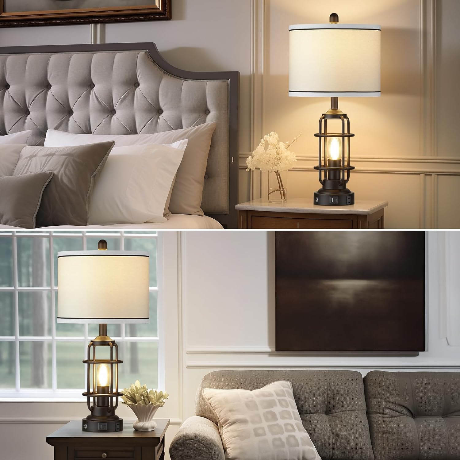26" Modern Lamp for Living Room, Industrial 3-Way Dimmable Beside Table Lamp with USB A+C Charging Ports & AC Outlet, Touch Control…