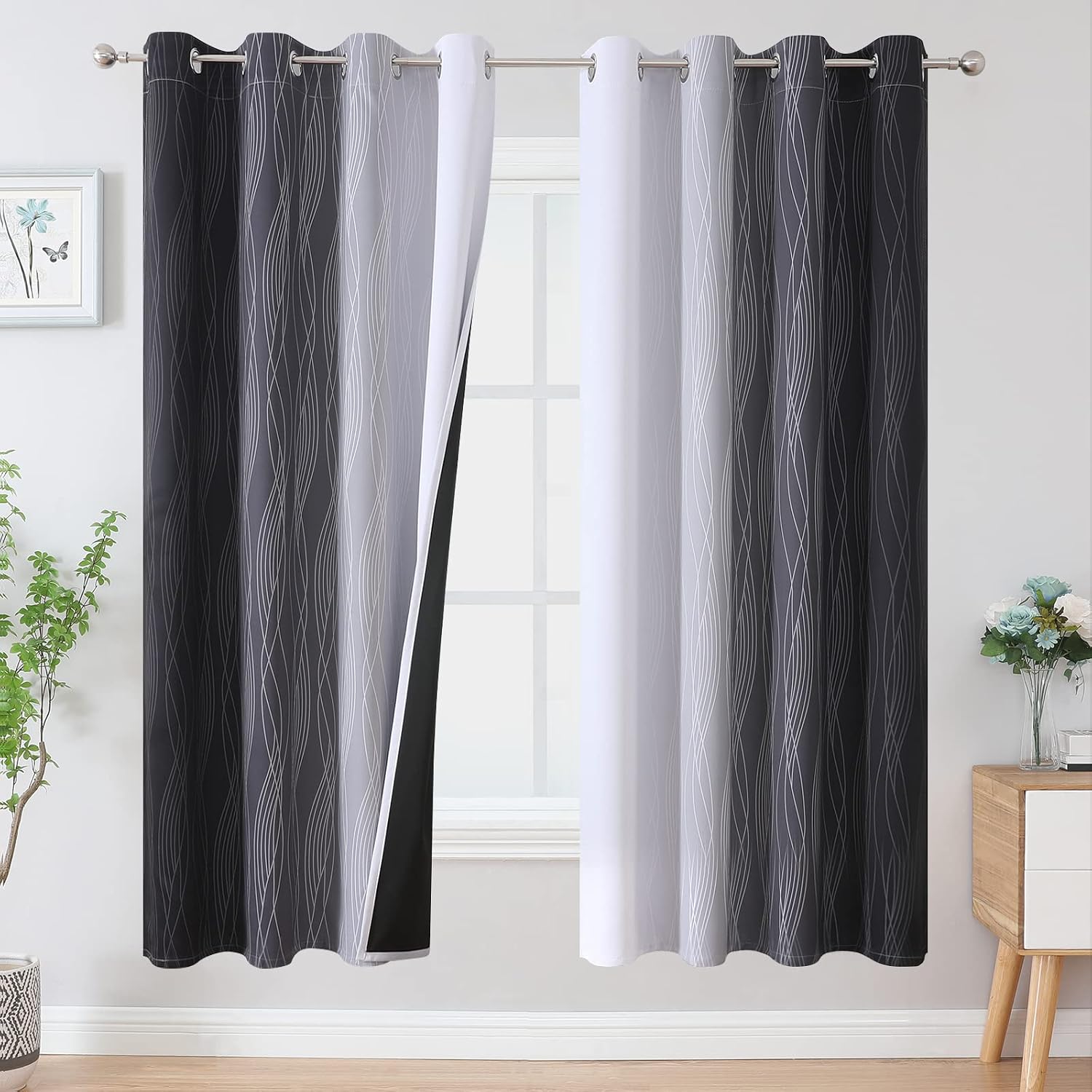 Estelartextiler Estelar Textiler Full Room Darkening Blackout Curtains 72 Inch Length 2 Panels Set, Ombre Greyish White and Black Thermal I…