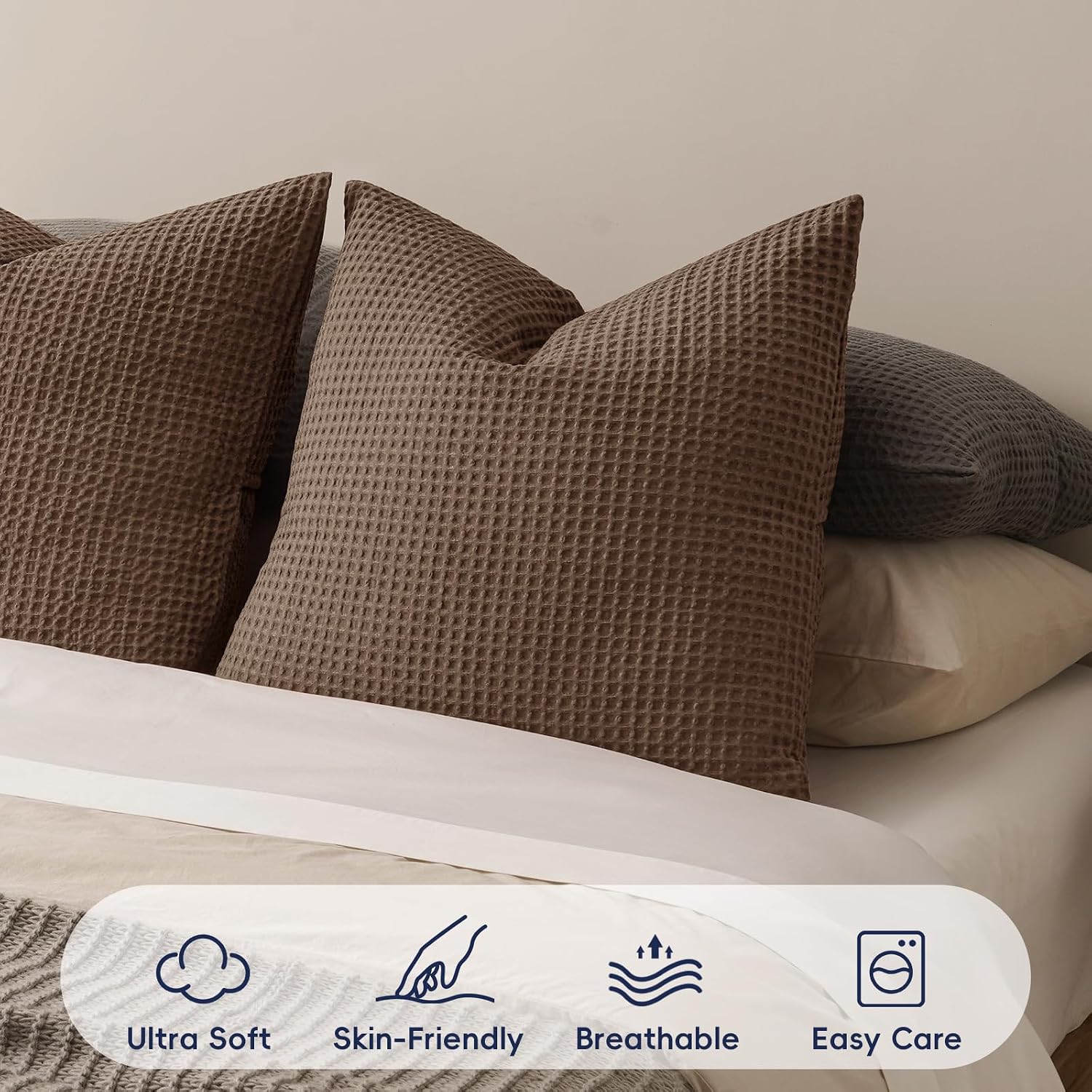 Phf Ultra Soft Waffle Weave Euro Shams Pillow Covers, No Filling, 2 Pack 26" x 26" Bed Cushion Covers, Breathable & Skin-Friendly Bed Pillo…