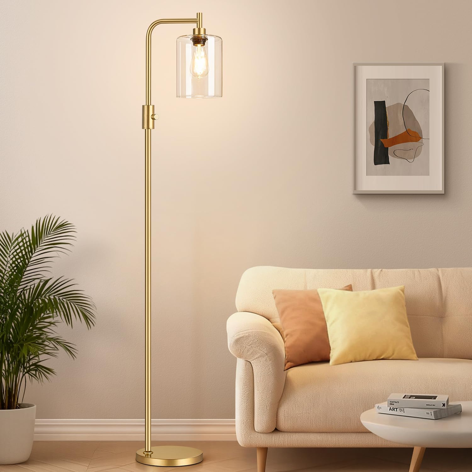 Upgraded】Dimmable Gold Floor Lamp for Living Room with Clear Glass Lampshade, Glass Modern Floor Lamp with 900LM Edison Bulb Included…