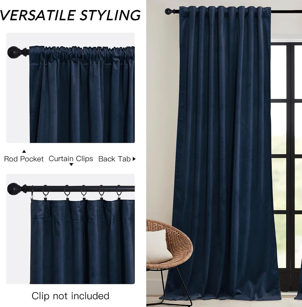 Rybhome RYB HOME Navy Velvet Curtains 96 inches- Velevt Blackout Curtains for Bedroom, Thermal Insulated Noise Reducing Panels Soft Luxury…