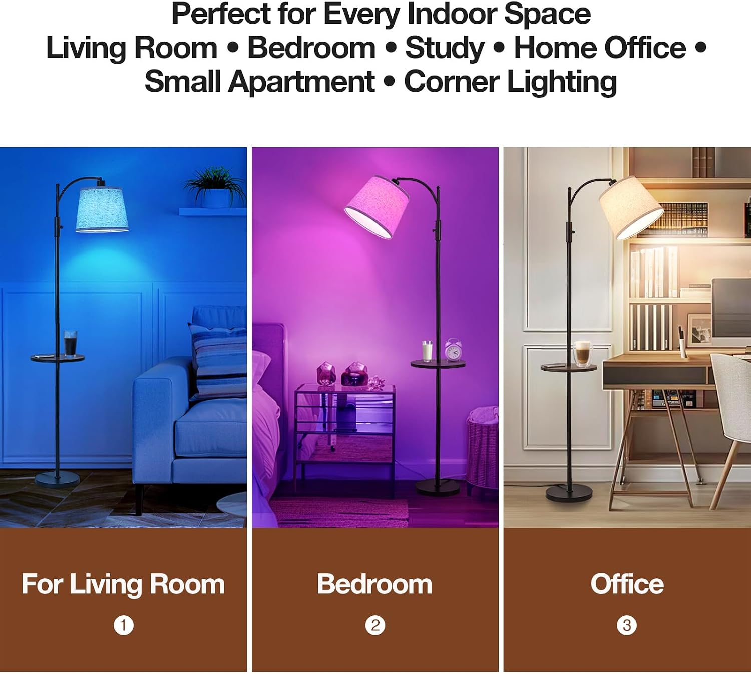 LightingyourhomeandLifewithus AIDENOEY Smart Floor Lamp with Side Table | Stepless Dimming, RGB Multi-Color | Adjustable Swivel Head | Voic…