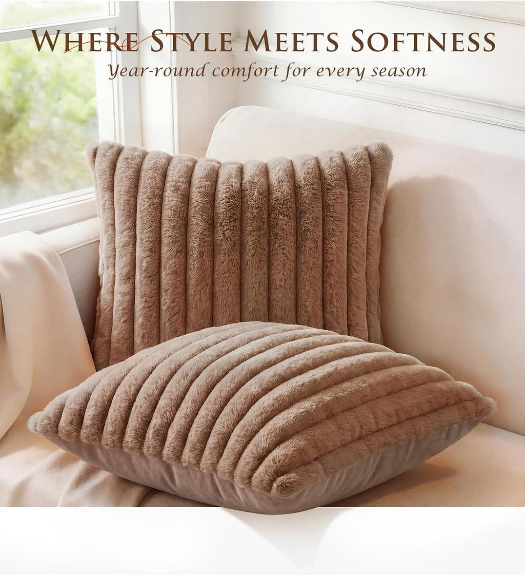 MEGAYES Pack of 2 Throw Pillow Covers 20x20 Decorative Solid Plush Faux Fur with Soft Velvet Back, Square Striped Cushion Cases Mode…